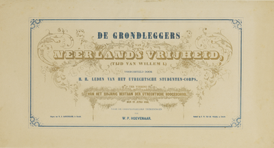 29098 Titelblad van de serie prenten van de maskerade van het Utrechtsch Studenten Corps, voorstellende de grondleggers ...